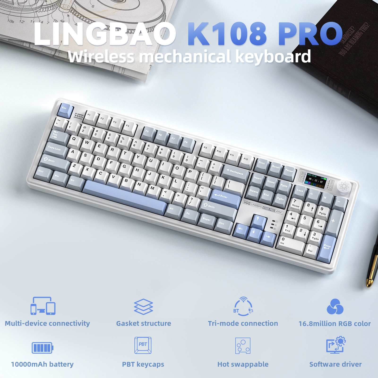 Gaming Keyboard Blue Switches - LINGBAO K108pro Mechanical Keyboard Tri-mode Korean